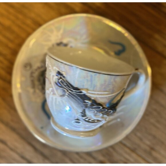 Vtg Japanese Moriage Dragonware Lithophane Geisha Coffee or Tea Set Black 15 Pc - Picture 15 of 16